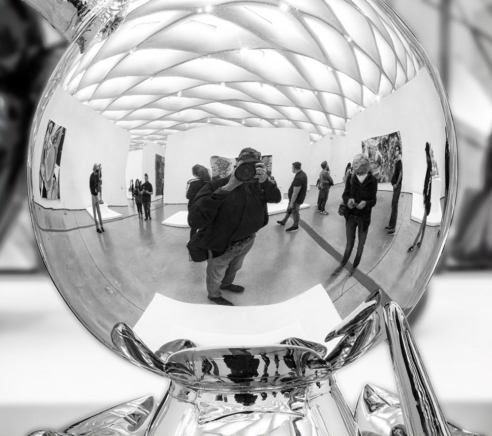 Self portrait on the face of the Jeff Koons' Rabbit at The Broad museum of contemporary art, Los Angeles. Copyright  2022 NSL Photography. All Rights Reserved.